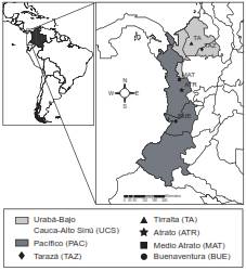 Collection sites. Adult mosquitoes were collected in nine localities of five municipalities of two endemic regions of Colombia: Taraz&aacute; (TAZ), department of Antioquia; Tierralta (TA), department of C&oacute;rdoba; Medio Atrato (MAT) and Atrato (ATR), department of Choc&oacute;, and Buenaventura (BUE), department of Valle del Cauca.