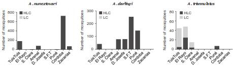 Biting preference of the three most abundant species. Mosquitoes were collected in nine localities of five municipalities of two malaria endemic regions of Colombia. C&oacute;rdoba: Tuis Tuis; Antioquia: El Rayo and S. Clara (Santa Clara); Choc&oacute;: Arenal (El Arenal), D. Josefa (Do&ntilde;a Josefa), S.F.T (San Francisco de Taunchigad&oacute;) and Pun&eacute;; Valle del Cauca: C&oacute;rdoba and Zacar&iacute;as. Bars represent the number of mosquitoes collected either by human-landing catches (HLC) or in livestock corrals (LC), showing human or animal biting preference, respectively