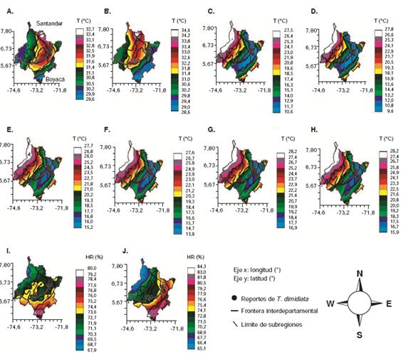 Mapas resultantes de la interpolaci&oacute;n por krigeage del promedio de los a&ntilde;os 2010 y 2015 para laTamb de mayo (A) y junio (B); la T2m de mayo (C) y junio (D); la Tms de mayo (E) y junio (F); la Tsc de mayo (G) y junio (H). Interpolaci&oacute;n por krigeage de la humedad relativa para mayo (I) y junio (J). (1) Ladera occidental de la Cordillera Central; (2) monta&ntilde;a santandereana; (3) ca&ntilde;&oacute;n de los r&iacute;os Chicamocha y Su&aacute;rez; (4) Magdalena Medio. Los puntos indican los sitios de recolecci&oacute;n de T. dimidiata. Distancia de separaci&oacute;n en grados decimales en los variogramas isotr&oacute;picos. Resoluci&oacute;n espacial: 40 km