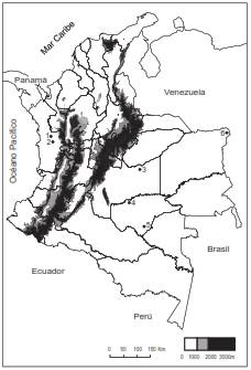 Localizaci&oacute;n geogr&aacute;fica de los sitios de estudio de Anopheles darlingi en seis localidades de Colombia: Bet&eacute;, Choc&oacute; (1); Pacurita, Choc&oacute; (2); Puerto Gait&aacute;n, Meta (3); San Jos&eacute; del Guaviare, Guaviare (4); Miraflores, Guaviare (5); Puerto Carre&ntilde;o, Vichada 2009 y 2012 (6)