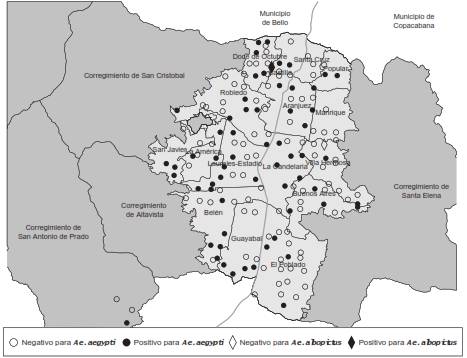 Ubicaci&oacute;n geogr&aacute;fica de grupos de mosquitos positivos y negativos para el virus del dengue recolectados durante el primer per&iacute;odo de muestreo (febrero a marzo de 2016)