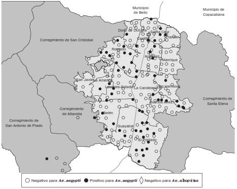 Ubicaci&oacute;n geogr&aacute;fica de los grupos de mosquitos positivos y negativos para el virus del dengue recolectados durante el segundo per&iacute;odo de muestreo (mayo a junio de 2016)