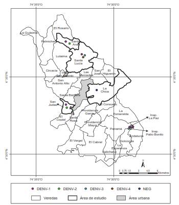 &Aacute;rea de estudio del municipio de Anapoima, departamento de Cundinamarca, Colombia. Se muestran las &aacute;reas rurales evaluadas en donde se encontraron formas inmaduras de Aedes aegypti positivas para alguno de los cuatro serotipos del DENV