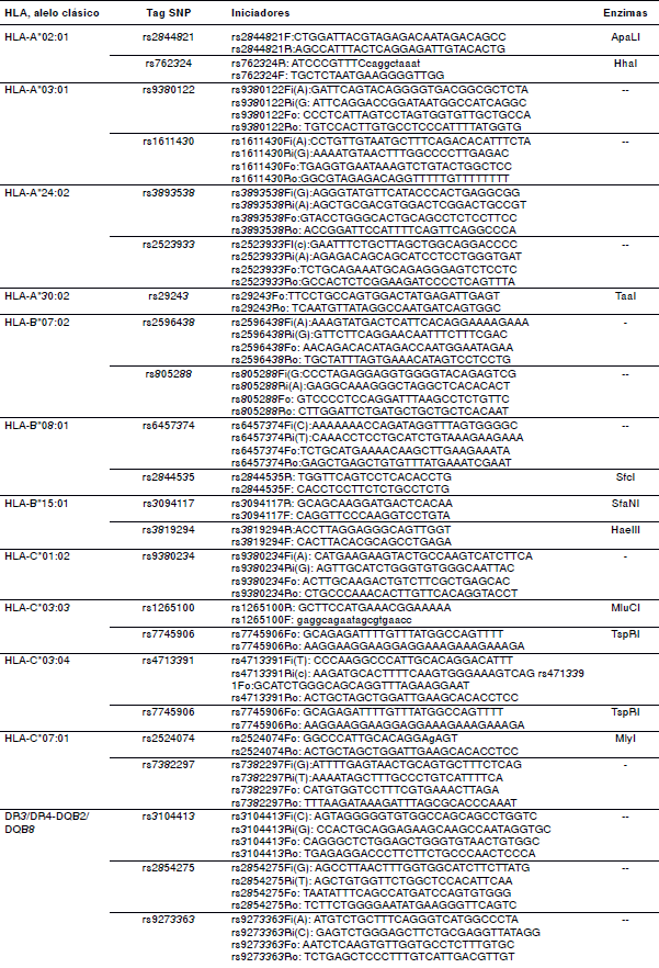 Iniciadores y enzimas de restricción usadas para la genotipificación de los tag SNP reportados por de Bakker, et al.
