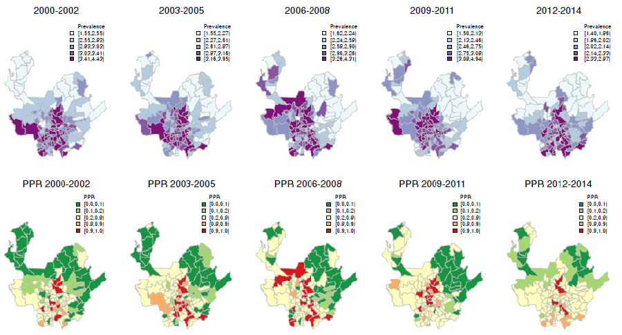 Spatial patterns of full-term low birth weight prevalence and posterior probability maps, Antioquia, 2000-2014