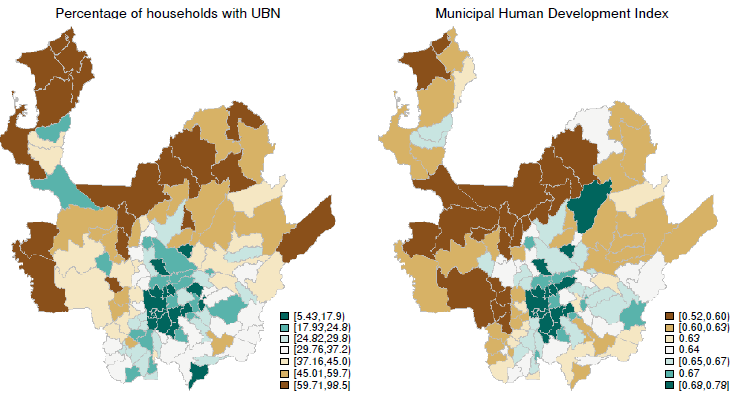 Spatial distributions of the percentage of households according to the Unsatisfied Basic Needs and municipal Human Development indices, Antioquia, 2005