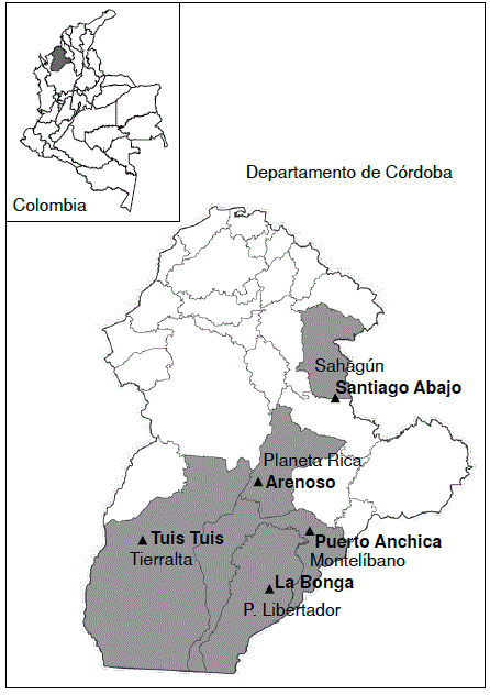 Distribuci&oacute;n de las localidades de recolecci&oacute;n de Anopheles triannulatus s.l. en el departamento de C&oacute;rdoba, Colombia