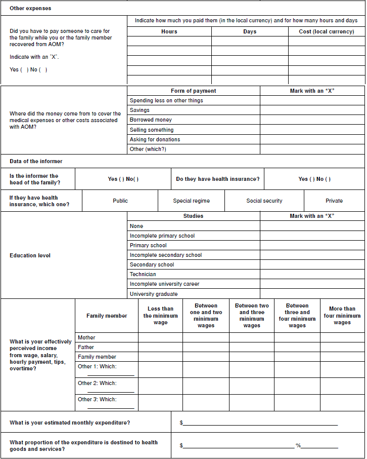 Survey to evaluate indirect costs (loss of productiveness and/or out-of-pocket expenditures) associated with health care due to acute otitis media (AOM). 