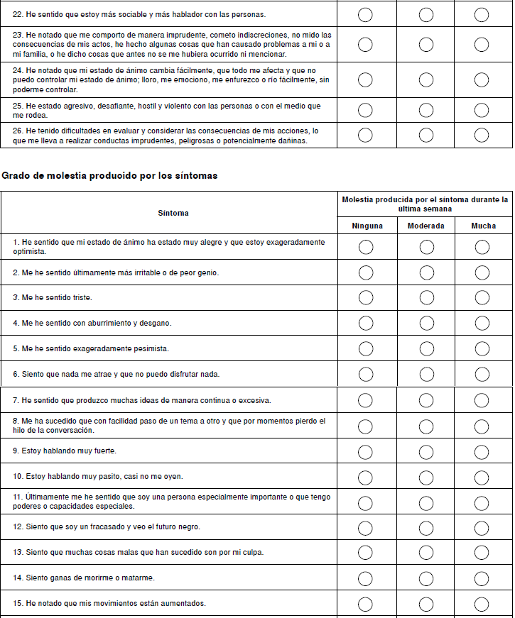 Esta es una escala para medir algunas caracter&iacute;sticas del trastorno bipolar o enfermedad maniacodepresiva. La escala mide 26 s&iacute;ntomas en tres aspectos: intensidad, frecuencia y grado de molestia que le generaron a usted estas manifestaciones de la enfermedad. Para llenar la escala tenga en cuenta lo que ha sentido en la &uacute;ltima semana o lo que sinti&oacute; durante la semana en que estuvo m&aacute;s grave (si no tiene s&iacute;ntomas recientemente, considere solo lo de la semana en que estuvo m&aacute;s grave, no importa cu&aacute;ndo haya sido). Hay una tabla por aparte para calificar cada uno de estos tres componentes (intensidad, frecuencia, grado de molestia). Para calificar cada s&iacute;ntoma marque con una equis sobre el c&iacute;rculo que mejor represente lo que usted sinti&oacute; durante esa semana.