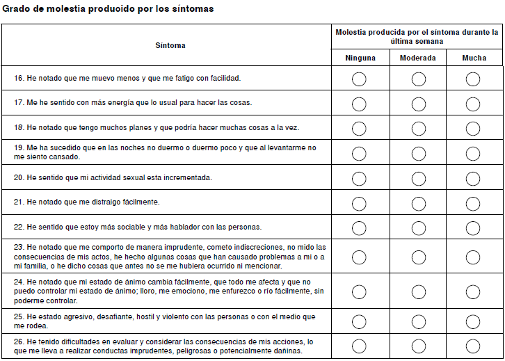 Esta es una escala para medir algunas caracter&iacute;sticas del trastorno bipolar o enfermedad maniacodepresiva. La escala mide 26 s&iacute;ntomas en tres aspectos: intensidad, frecuencia y grado de molestia que le generaron a usted estas manifestaciones de la enfermedad. Para llenar la escala tenga en cuenta lo que ha sentido en la &uacute;ltima semana o lo que sinti&oacute; durante la semana en que estuvo m&aacute;s grave (si no tiene s&iacute;ntomas recientemente, considere solo lo de la semana en que estuvo m&aacute;s grave, no importa cu&aacute;ndo haya sido). Hay una tabla por aparte para calificar cada uno de estos tres componentes (intensidad, frecuencia, grado de molestia). Para calificar cada s&iacute;ntoma marque con una equis sobre el c&iacute;rculo que mejor represente lo que usted sinti&oacute; durante esa semana.