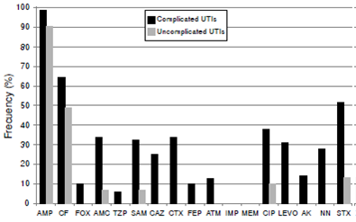 CF Frequency of resistant Escherichia coli isolates from patients with community-acquired urinary tract infections AMP: Ampicillin CF: Cefalotin; FOX: Cefoxitin; AMC: Amoxacillin-clavulanic acid; TZP: Piperacillin-tazobactam; SAM: Ampicillin-sulbactam; CAZ: Ceftazidime; CTX: Cefotaxime; FEP: Cefepime; ATM: Aztreonam; IMP: imipenem; MEM: meropenem; CIP: Ciprofloxacin; LEVO: Levofloxacin; AK: Amikacin; STX: Trimethoprim-sulfamethoxazole Note: Isolates with intermediate resistance were classified as resistant.