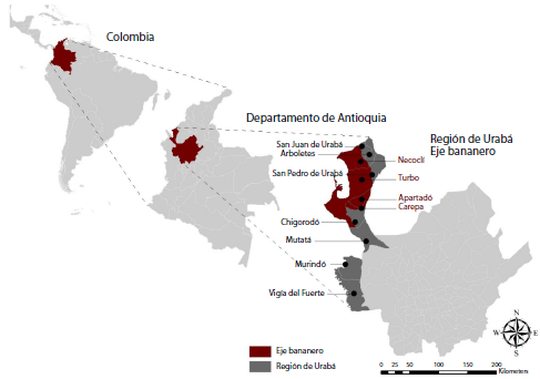 &Aacute;rea geogr&aacute;fica de estudio: regi&oacute;n de Urab&aacute;, Antioquia, Colombia. Se resaltan en rojo los municipios del eje bananero (Chigorod&oacute;, Carepa, Apartad&oacute; y Turbo)
