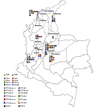Distribución de BLEE y AmpC en enterobacterias en Colombia