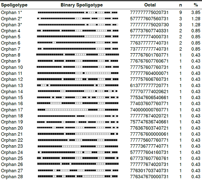Distribution of orphan patterns identified by spoligotyping in the study