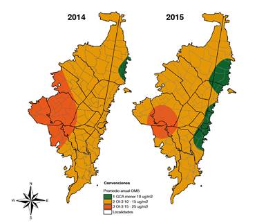 Distribuci&oacute;n de las concentraciones de PM25 en la franja d (06:00 a 12:00 h) en funci&oacute;n de los valores de referencia de la OMS (18:00 a 24:00 h) en funci&oacute;n de los valores de referencia de la OMS para el promedio anual: zona urbana de Bogot&aacute; para el promedio anual: zona urbana de Bogot&aacute;