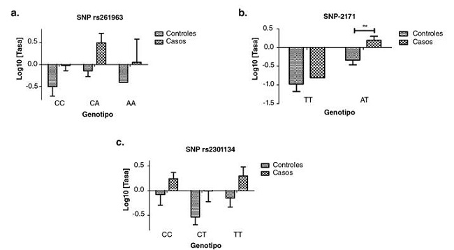 Tasa de expresión del SNCA según el genotipo de tres SNV. Los valores corresponden a la media con su respectiva desviación estándar. a. Tasa de expresión según el genotipo del SNV rs261963, p=0,920. b. Tasa de expresión según el genotipo del SNV -2171, p=0,581 en la prueba post hoc y ** p<0,01 para el genotipo AT en los dos grupos. c. Tasa de expresión según el genotipo del SNV rs2301134, p=0,875. n=34 sujetos en el grupo de control y n=27 en el grupo de casos