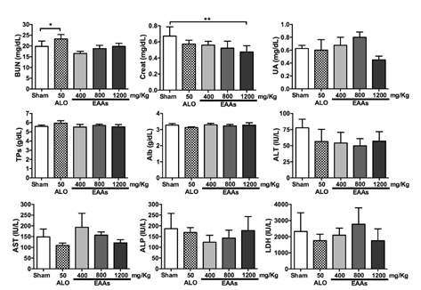 Changes in the serological levels of biochemical markers in toxicity study depending of treated groups (2-5) and sham control (Group 1). BUN: Blood urea nitrogen; Creat: Creatinine; UA: Uric acid; TPs: Total proteins; Alb: Albumin; ALT: Alanine aminotransferase; AST: Aspartate aminotransferase; ALP: Alkaline phosphatase; LDH: Lactate dehydrogenase; I/R: Ischemia-reperfusion; ALO: Allopurinol; EAAs: Essential amino acid α-ketoacid analogues Values are expressed as mean &plusmn; SD. * p<0.05, ** p<0.01
