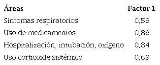 Cargas factoriales de cada &aacute;rea de evaluaci&oacute;n de la escala de gravedad de la enfermedad pulmonar obstructiva cr&oacute;nica (EPOC)