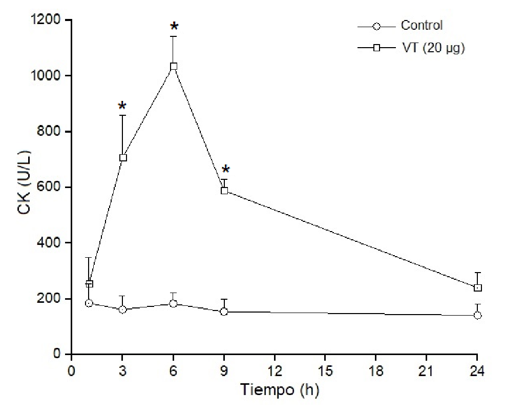 Actividad miotóxica local del veneno de Bothrops roedingeri en ratones medida por los incrementos en la actividad de la creatina cinasa en plasma después de la inyección intramuscular del veneno (20 µg). Los controles fueron inyectados con 50 µl de solución tampón PBS. Se obtuvo sangre periférica y se midieron los niveles séricos de creatina cinasa en diferentes momentos. Los valores se expresan como medias ± DE (desviación estándar) en cuatro ratones en cada punto (* p<0,05).