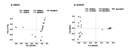 Gr&aacute;fico del an&aacute;lisis coordinado principal (plot ACoP) de comunidades bacterianas presentes en el contenido s&oacute;lido del intestino delgado de ratones CD1 que consumieron edulcorantes durante 6 semanas (A: G6sTx) y 12 semanas (B: G12sTx). G3sSTx. Grupos con 6 semanas de tratamiento (G6sTx): control (CL6sTx), sacarosa (Sac6sTx), sucralosa (Sucr6sTx) y estevia (Est6sTx); grupos con 12 semanas de tratamiento (G12sTx): control (CL12sTx), sacarosa (Sac12sTx), sucralosa (Sucr12sTx) y estevia (Est12sTx)