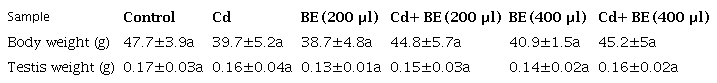 Body and testis weight in NMRI male mice treated with 200 and 400 µl of broccoli extract (BE) of (1 g ml-1) with and without Cd (1 mg kg-1 of mouse weight). Data represent the mean of six mice in each group (± SD). The different letters indicate a significant difference among groups (p ≤ 0.05; Oneway ANOVA; Tukey´s HSD all-pairwise comparisons as a post-hoc test).