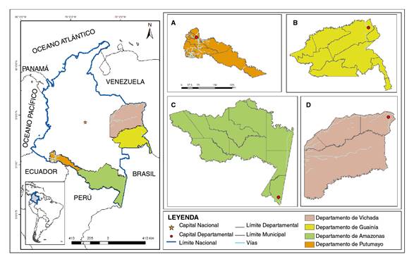 Ubicaci&oacute;n de los departamentos de Amazonas, Guain&iacute;a, Vichada y Putumayo.