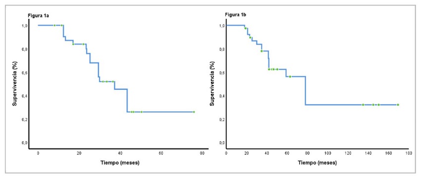a. Supervivencia global despu&eacute;s del inicio del tratamiento m&eacute;dico. b. Supervivencia global despu&eacute;s del diagn&oacute;stico de la enfermedad