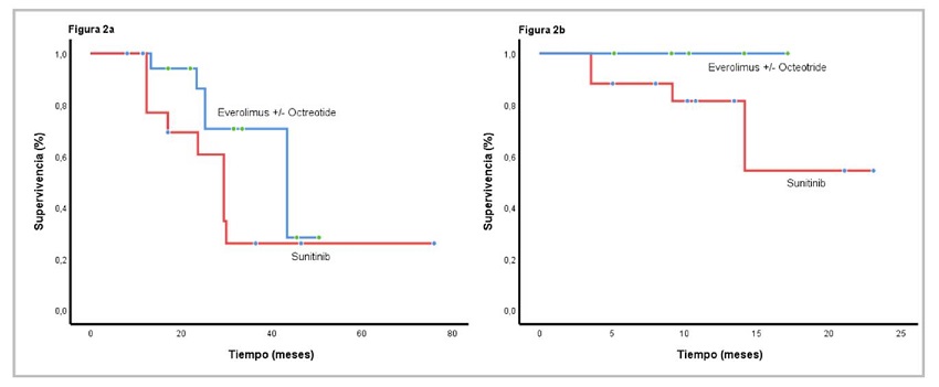 a. Mediana de la supervivencia global seg&uacute;n el tratamiento de primera l&iacute;nea: con everolimus (36 meses; IC95% 25,3-41,7) y con sunitinib (29,5 meses; IC95% 22,5-37,5) (p=0,349). b. Mediana de la supervivencia libre de progresi&oacute;n de acuerdo con el tratamiento de primera l&iacute;nea: con everolimus (12,1 meses; IC95% 9,2-21,1); y con sunitinib (9,1 meses; IC95% 6,8-16,8) (p=0,43)