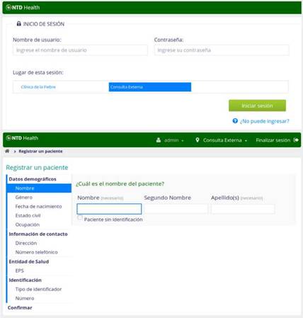 Screenshots of the login and registration forms from the NTD Health implementation of the Programa de Estudio y Control de Enfermedades Tropicales (PECET). The forms describe the specific data required in Spanish for the people affiliated with this electronic medical record platform.