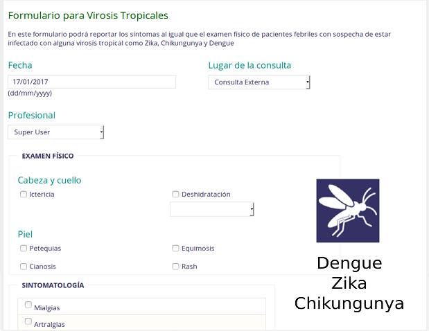 Screenshot of the tropical virus form for dengue, Zika and chikungunya. General information in Spanish with specific questions about physical examination, symptoms and diagnostics is included.