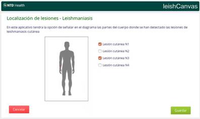 Screenshot of the OpenWebApp canvas for the localization of cutaneous leishmaniasis lesions in a human body scheme.