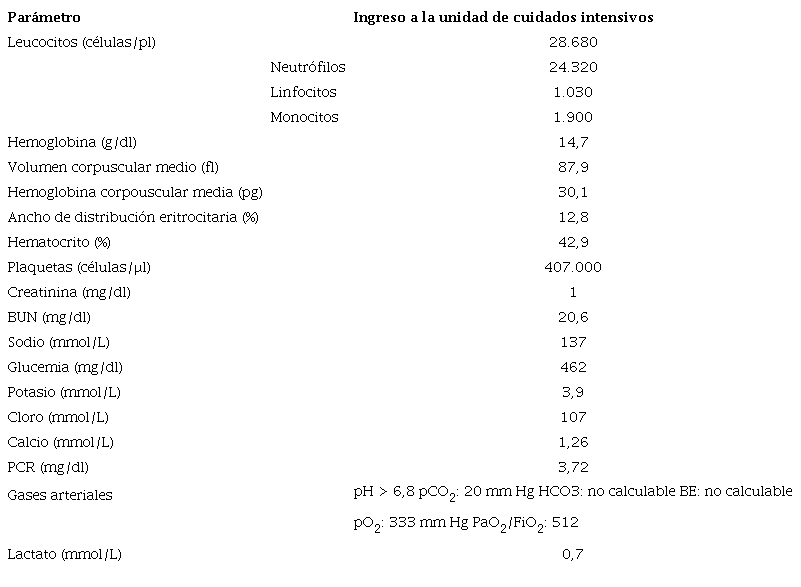Valores de laboratorio al ingreso de la paciente a la unidad de cuidados intensivos