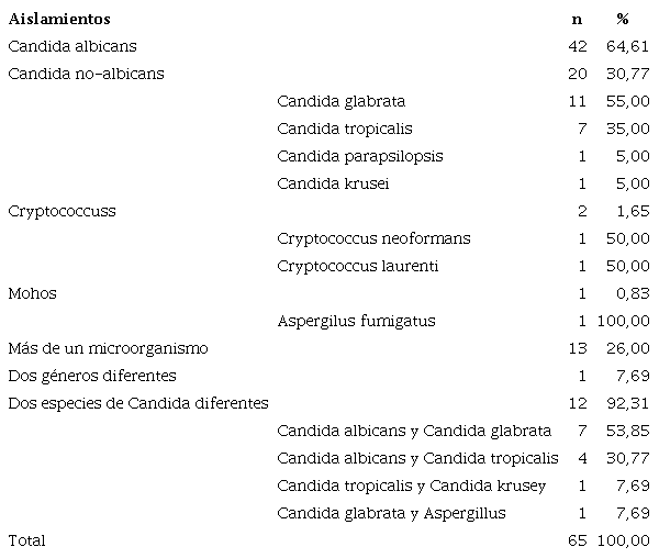 Aislamientos de hongos a partir de muestras tomadas de tubos endotraqueales, identificados con el sistema automatizado Vitek&reg; 2 (BioM&eacute;rieux, Marcy l'&Eacute;toile, Francia)