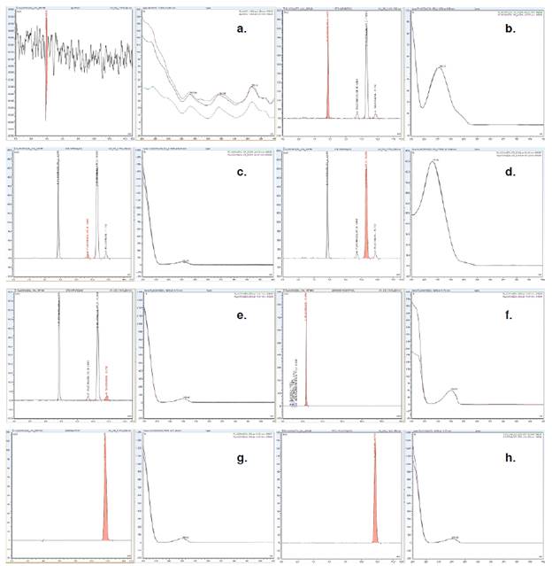 Perfiles cromatogr&aacute;ficos de: (a) soluci&oacute;n usada como blanco, (b) est&aacute;ndar de impurezas de fluconazol - compuesto relacionado A, (c) est&aacute;ndar de impurezas de fluconazol - compuesto relacionado B, (d) est&aacute;ndar de impurezas de fluconazol - compuesto relacionado C, (e) est&aacute;ndar de impurezas fluconazol, (f) muestra de impurezas de fluconazol, (g) est&aacute;ndar de valoraci&oacute;n de fluconazol, (h) muestra de valoraci&oacute;n de fluconazol