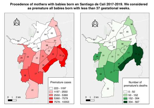 Left: Premature cases by mothers&rsquo; commune origin. Right: Death rates in premature infants by mothers&rsquo; commune origin. Distribution of the 6,672 mothers of babies born under 37 weeks, residing in Cali, with a mortality of 72.49% (n=311) of the total mortality (n=429). Of the 6,672 mothers, 33.38% (n=2,227) came from the city east communes (13, 14, 15, and 21), with a mortality rate of 33.76% (n=105). Mothers from other municipalities were 39.35% (n=4,329) and the mortality rate among their babies was 27.50% (n=118).