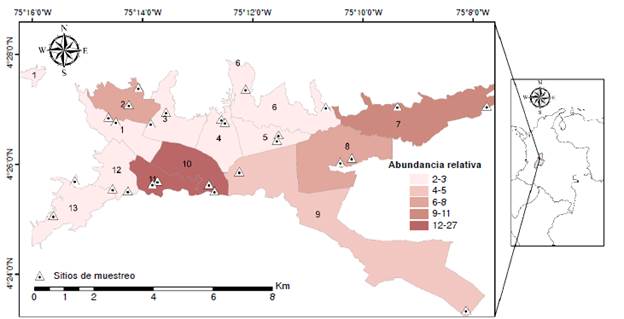 Mapa de calor de la abundancia relativa de Aedes albopictus por comuna y la ubicaci&oacute;n de los sitios de muestreo