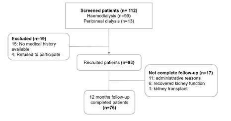 Study flow diagram showing 112 evaluated patients, 19 were excluded and 93 were included. Of the latter, 76 completed the follow-up.