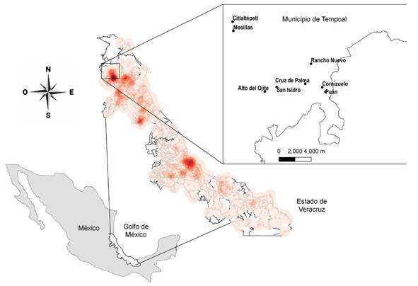 Distribuci&oacute;n de los casos hist&oacute;ricos acumulados de la enfermedad de Chagas (1990- 2016) y sitios de estudio. Mapa del estado mexicano de Veracruz que muestra las &aacute;reas de concentraci&oacute;n de las localidades que reportan el mayor n&uacute;mero de casos (mapa de calor basado en la estimaci&oacute;n de densidad de Kernel). Se identifican varios focos importantes de transmisi&oacute;n. El recuadro (mapa superior derecho) muestra las ocho localidades del municipio de Tempoal identificadas como prioritarias y donde se realiz&oacute; el estudio de seroprevalencia.