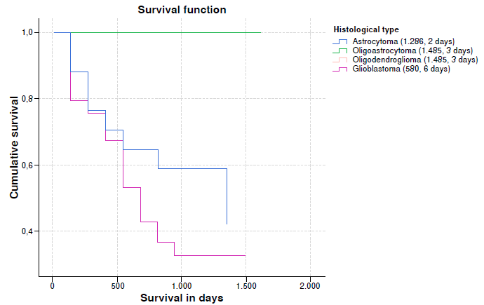 Cumulative probability for survival of patients with glioma according to histological type (n = 80 patients)