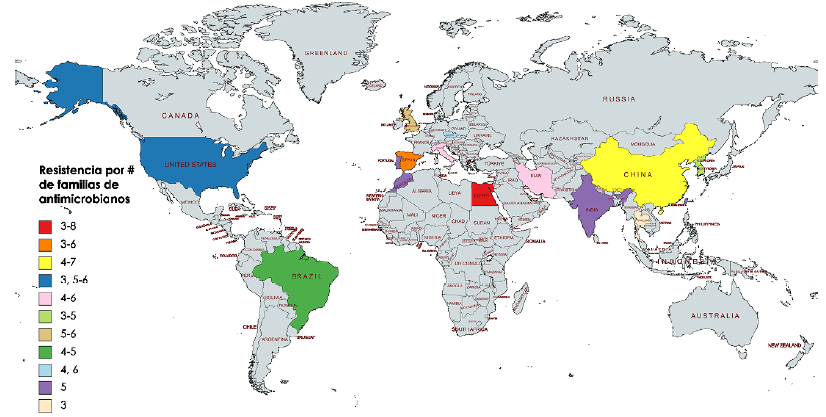 N�mero de resistencias por familias de antibi�ticos en pa�ses de cuatro continentes publicados entre el 2012 y el 2020 (elaborado con MapChart https://mapchart.net/world.html). El color de cada pa�s indica el n�mero de las resistencias por familias de antibi�ticos en los aislamientos de Typhimurium multirresistente portadores de integrones.