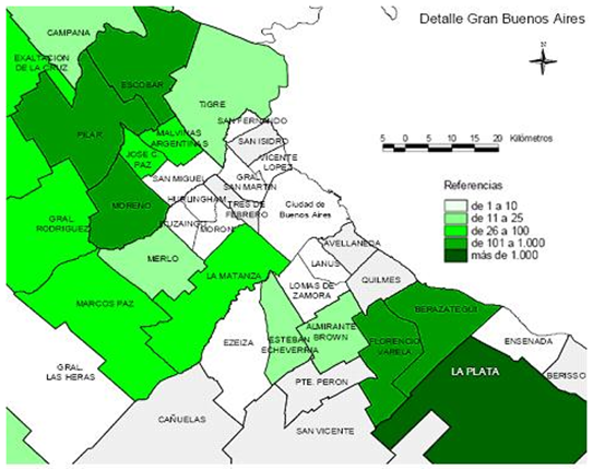 Ciudad de Buenos Aires y partidos del conurbano bonaerense, rodeados por el &Aacute;rea Hort&iacute;cola Bonaerense (AHB), destacados en diferentes tonos de verde que indican el n&uacute;mero de establecimientos hort&iacute;colas en 2005