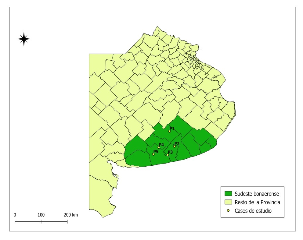 Provincia de Buenos Aires con el &aacute;rea de  estudio delimitada (sudeste de Buenos Aires) y la localizaci&oacute;n geogr&aacute;fica de  los establecimientos.