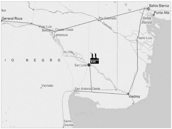 Plano  del Valle  Medio e Inferior del R&iacute;o Negro con la ubicaci&oacute;n del ingenio San  Lorenzo