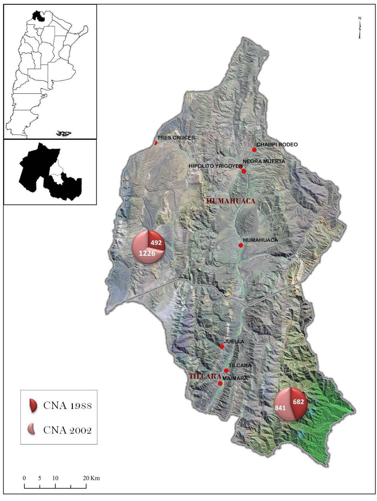 Mapa de la zona de estudio en la Quebrada  de Humahuaca e informaci&oacute;n sobre las EAP (CNA 1988 y 2002)