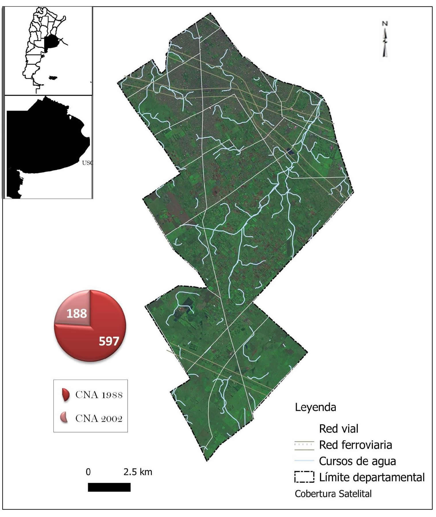 Mapa de la zona de estudio partido de  Florencio Varela informaci&oacute;n sobre las EAP (CNA 1988 y 2002).  Elaboraci&oacute;n propia a partir del IGN