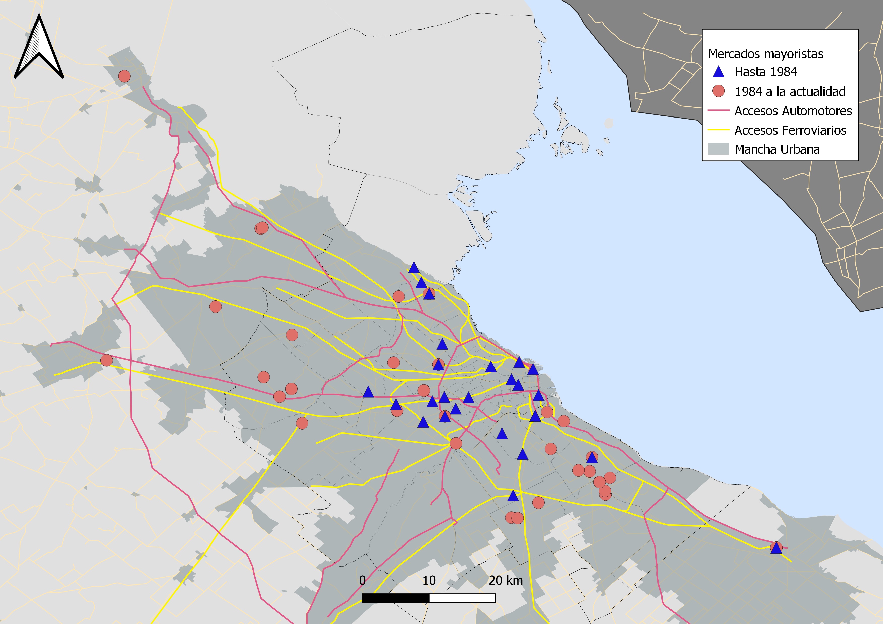 Localización de los mercados mayoristas del AMBA hasta 1984 y en la actualidad