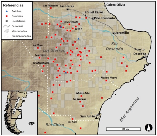 Ubicaci�n del �rea de estudio y localidades y estancias referidos como lugares de residencia mencionados en la base de datos construida