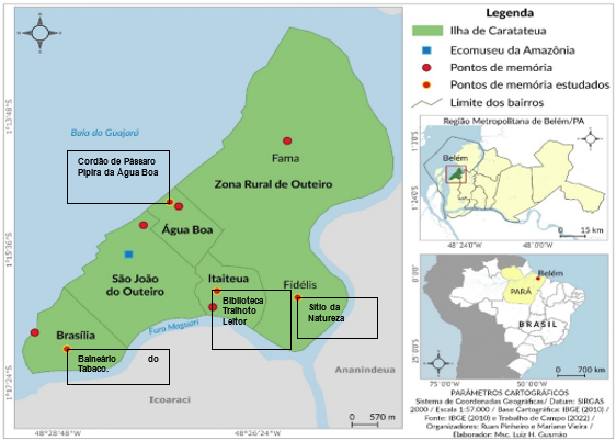 Mapa  de Localizao da Ilha de Caratateua – PA, com destaque para os  pontos de memria analisados