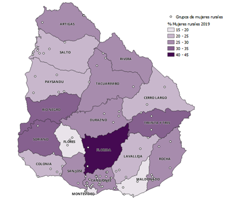 Distribución nacional de los grupos de mujeres rurales relevados en el porcentaje de mujeres rurales por departamento