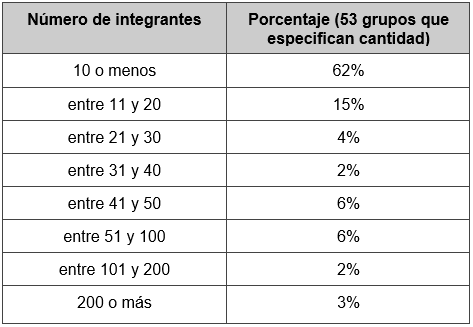 Porcentaje de grupos por número de integrantes. Año 2024